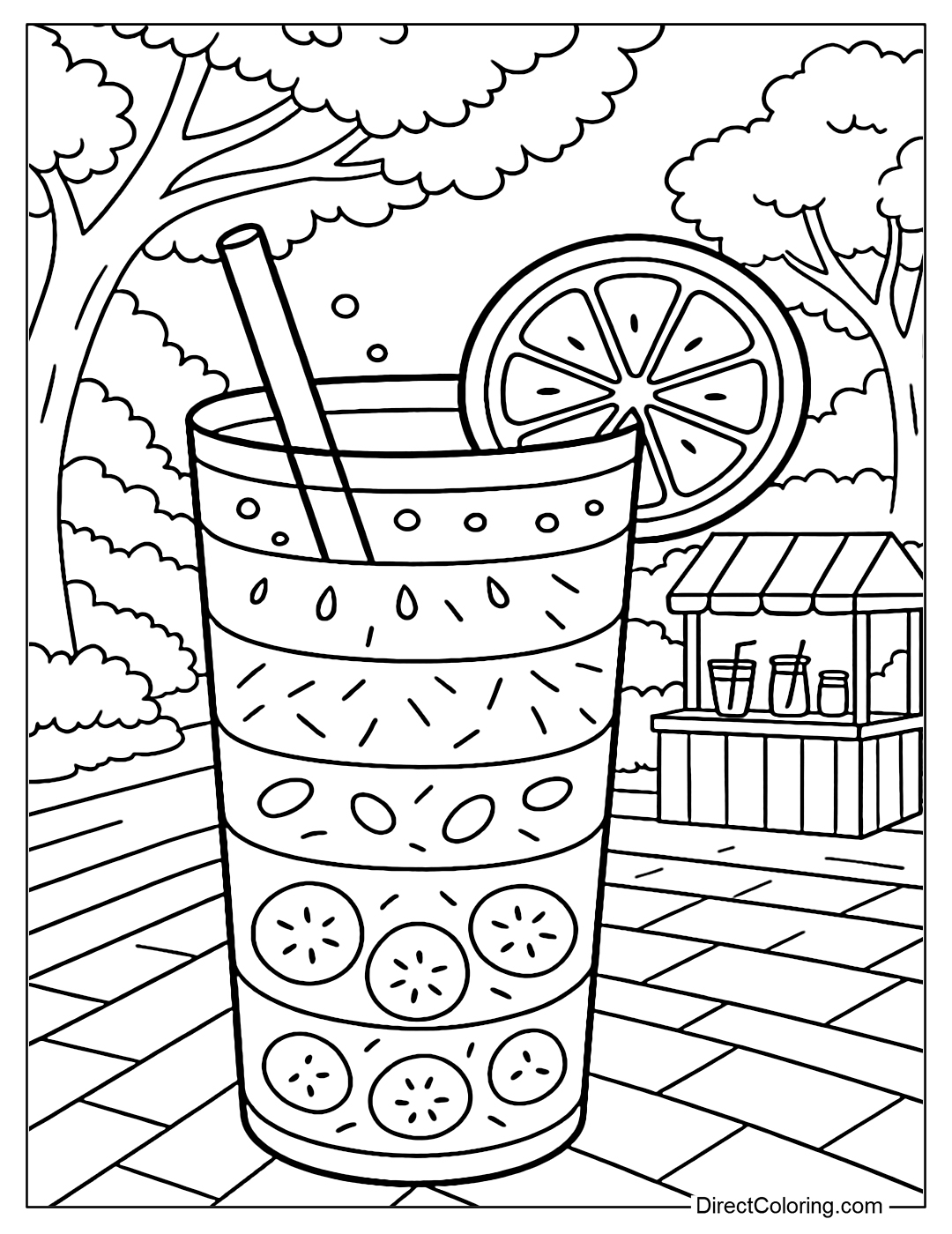 Coloring page of multi-layered water glass with colors: kiwi, watermelon, pineapple, the background is a small drink shop next to a tree-lined street.
